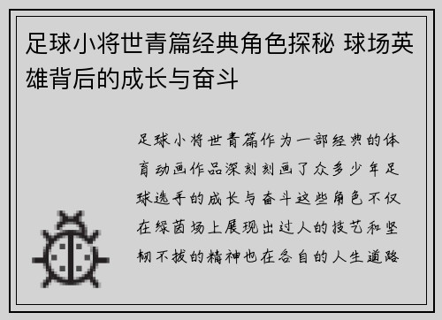 足球小将世青篇经典角色探秘 球场英雄背后的成长与奋斗